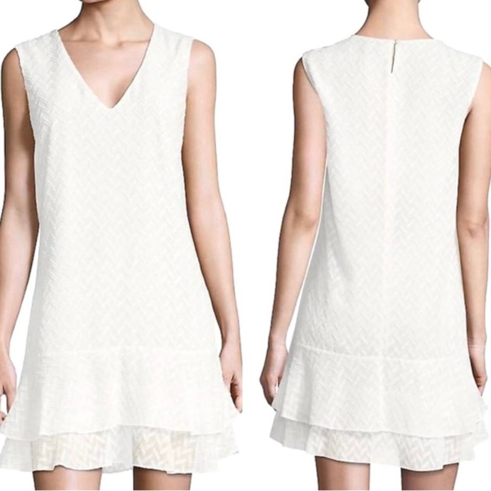 BCBG White Chevron Ruffle Sleeveless Dress